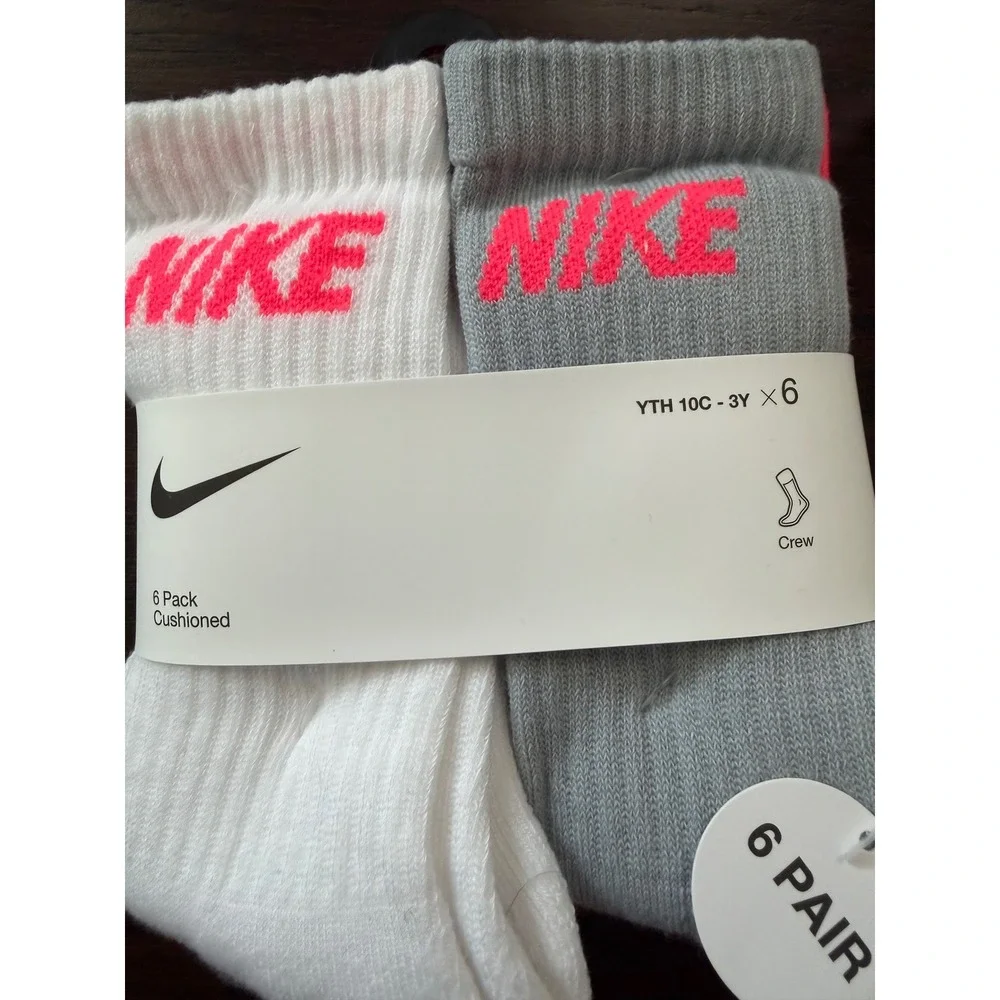 Nike Kids Crew Cushioned Socks 12 Pair Pack White Grey Pink XS 5-7 BN0509-A4F